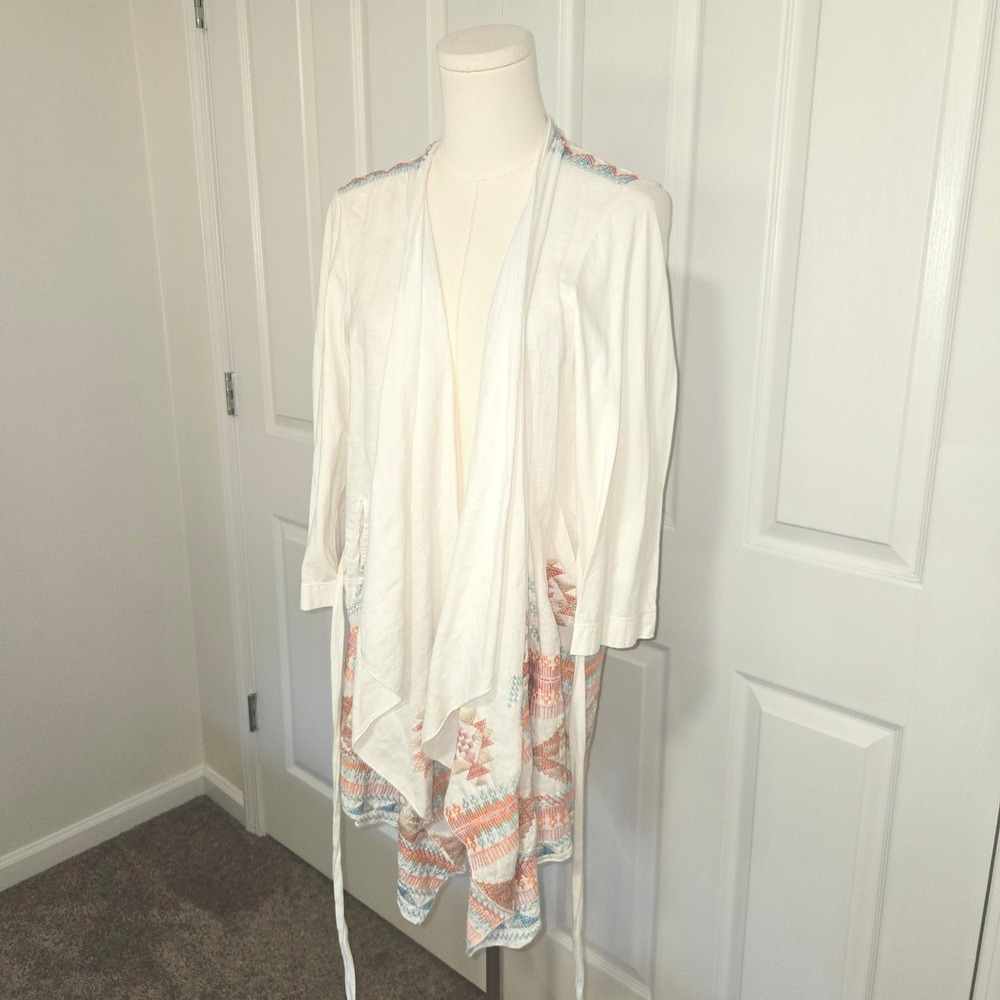JW Los Angeles Cardigan Womens L Ivory Embroidered Draped Waterfall Boho Open